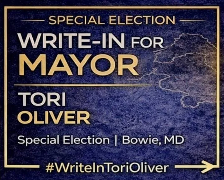 Poster announcing a special election write-in campaign for Tori Oliver for mayor in Bowie, Maryland, with a lightning storm background and hashtag #WriteInToriOliver.