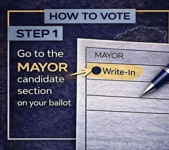 A step-by-step guide on how to vote for mayor, instructing voters to go to the mayor candidate section on the ballot and select the write-in option.