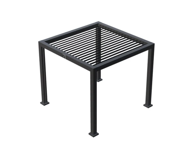 A black metal fire pit stand with a square base and slatted top.