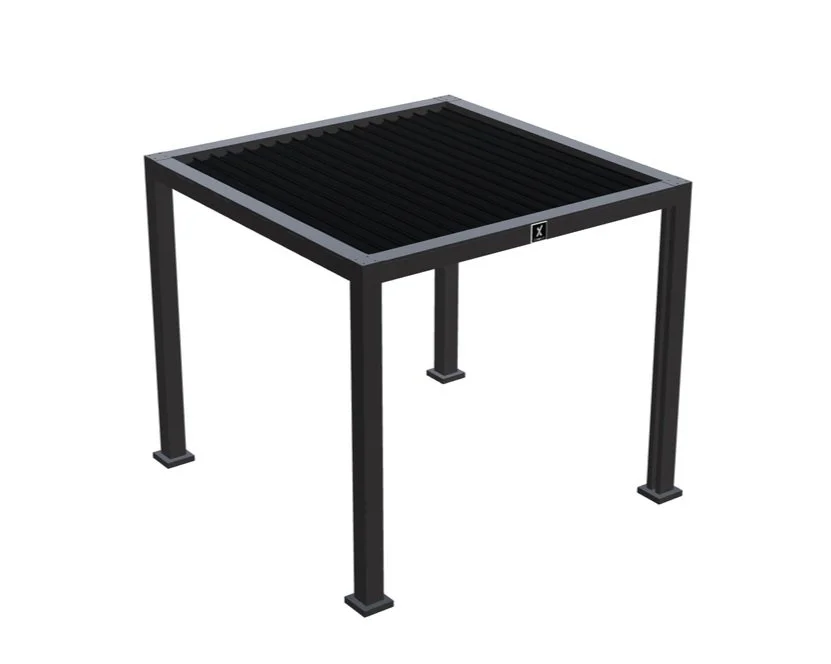 A black metal table with a slatted top and four straight legs.