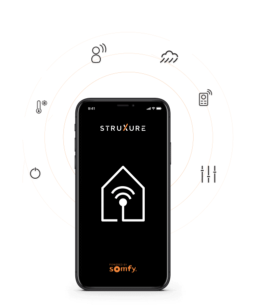 Smartphone displaying the STRUXURE app logo with a house and Wi-Fi signal icon, surrounded by concentric circles and icons representing connectivity, power, and smart home features, set against a black background.