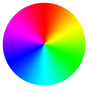 A circular color wheel displaying a spectrum of colors including red, orange, yellow, green, blue, and purple.