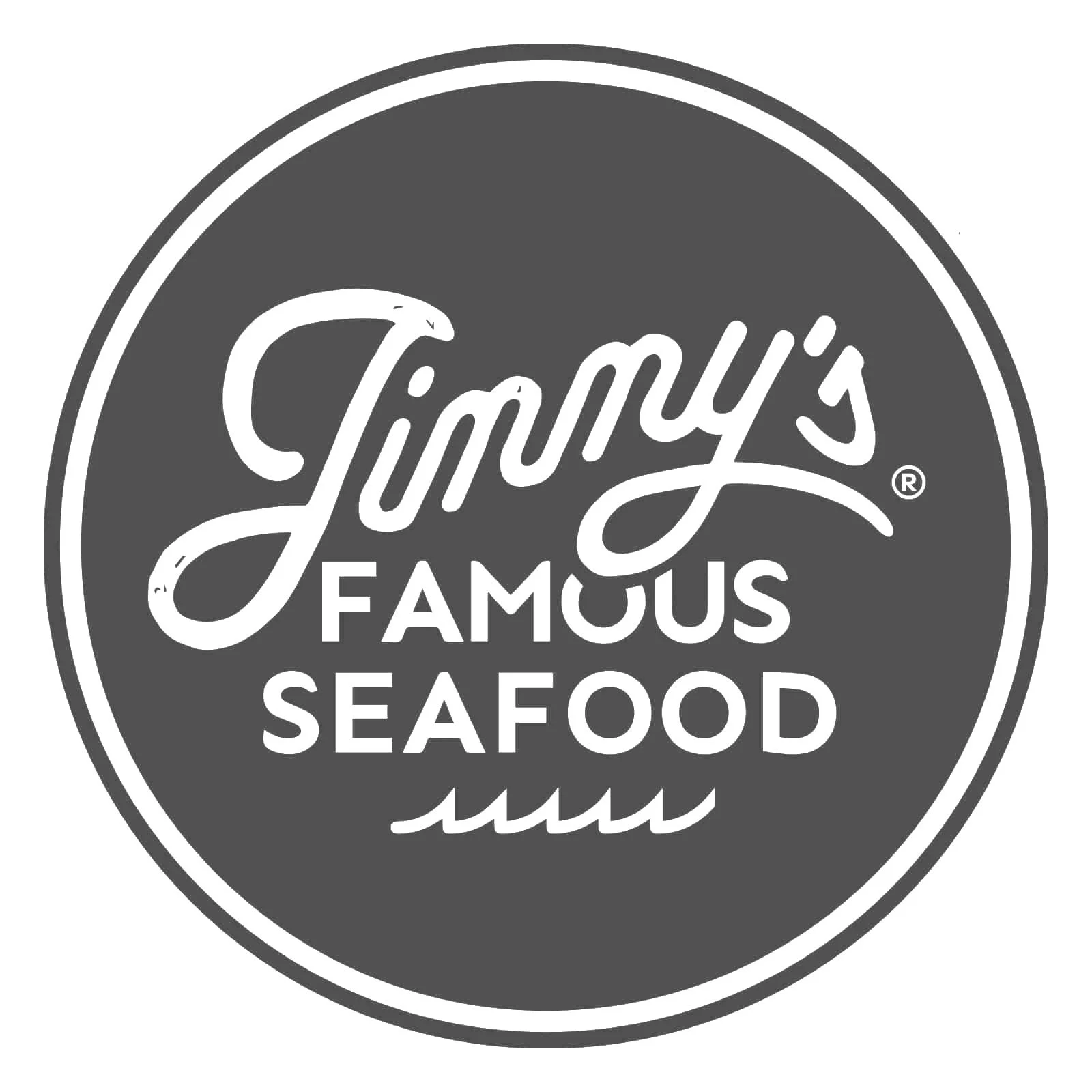 Black and white logo for Jimmy's Famous Seafood featuring the brand name in cursive and block lettering within a circular design.