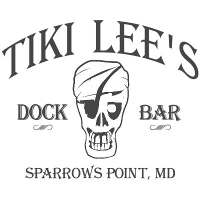 Logo for Tiki Lee's Dock Bar featuring a skull with a bandana above the text 'Tiki Lee's Dock Bar' and location 'Sparrows Point, MD'.
