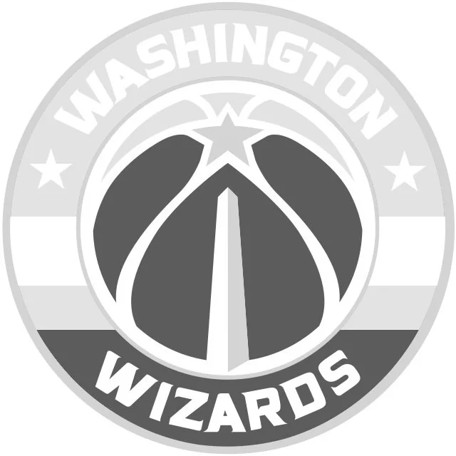 Black and white logo of the Washington Wizards basketball team featuring a stylized basketball with a shooting star and the text 'WASHINGTON WIZARDS'