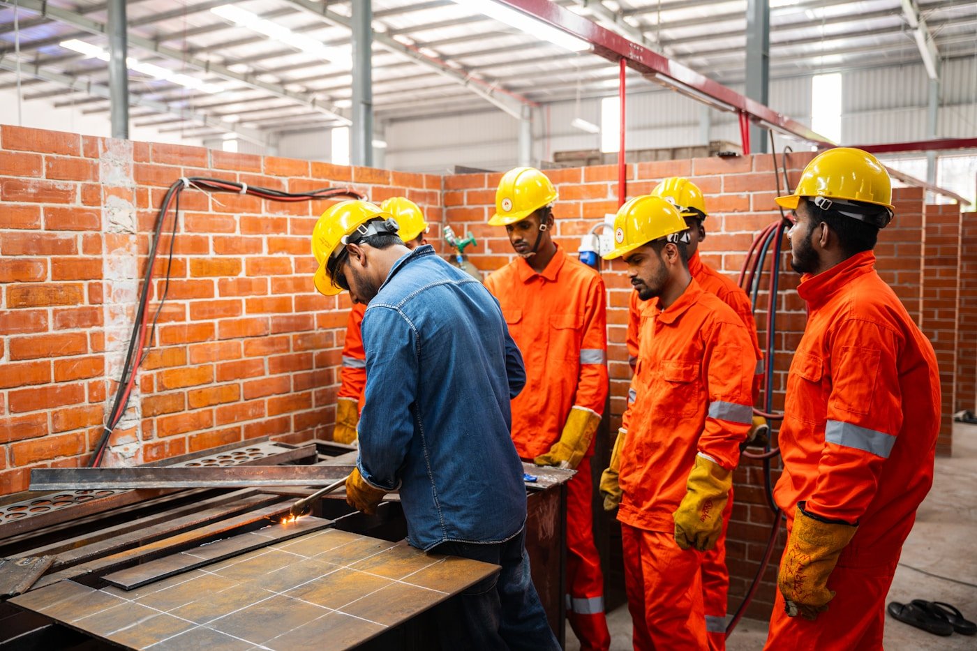 Group of construction workers in safety helmets and orange uniforms watching a man in a blue jacket cut metal plates at a workbench inside a construction site with brick walls.