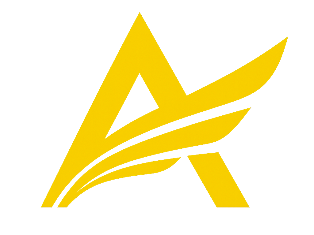 A stylized yellow letter A with wing-like design elements on a black background.