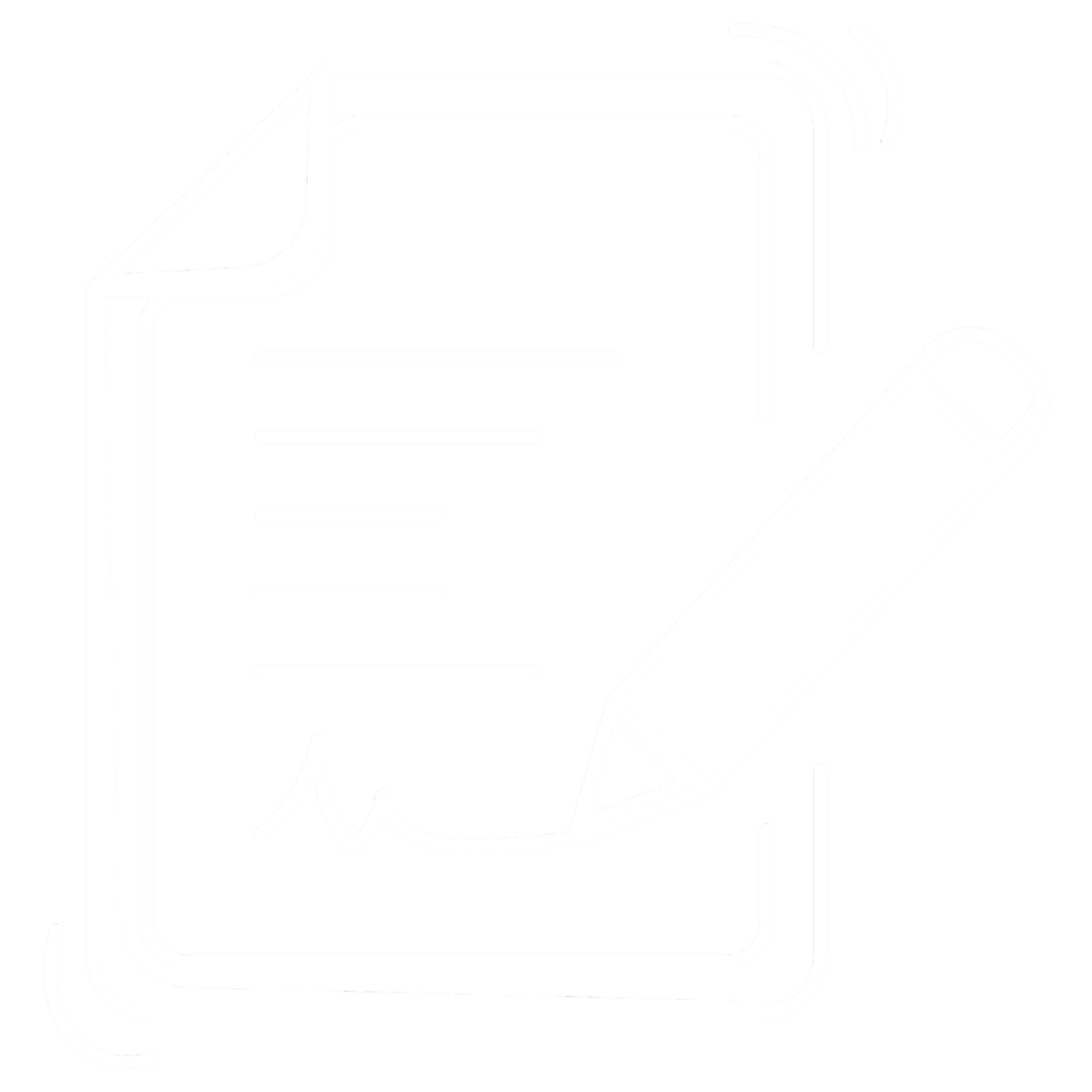 A black and white outline of a document with writing and a check mark at the bottom, with a pen writing on it.