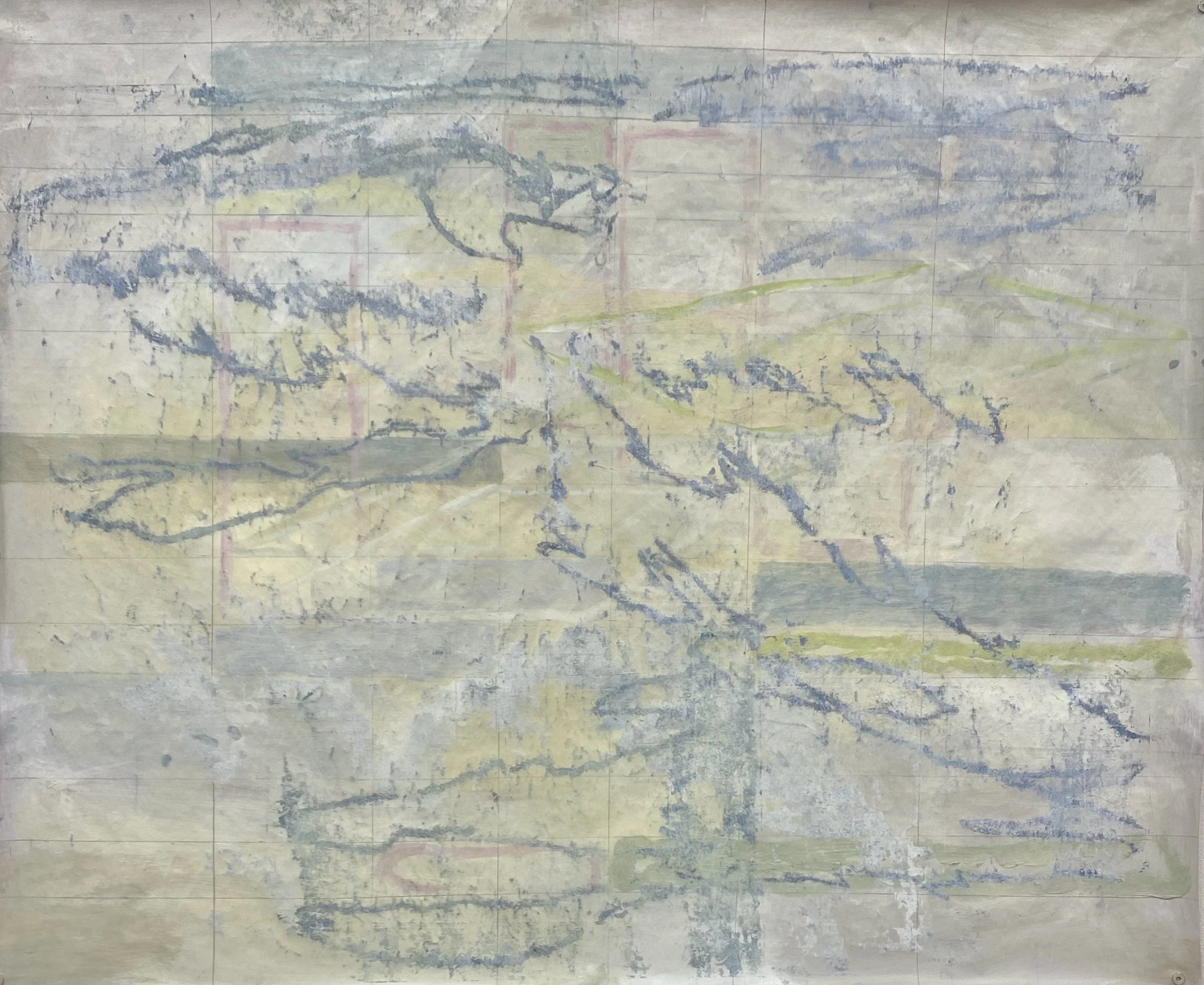 Four track, 2025. Acrylic, graphite, monoprint, craft paper, 93 x 63 cm