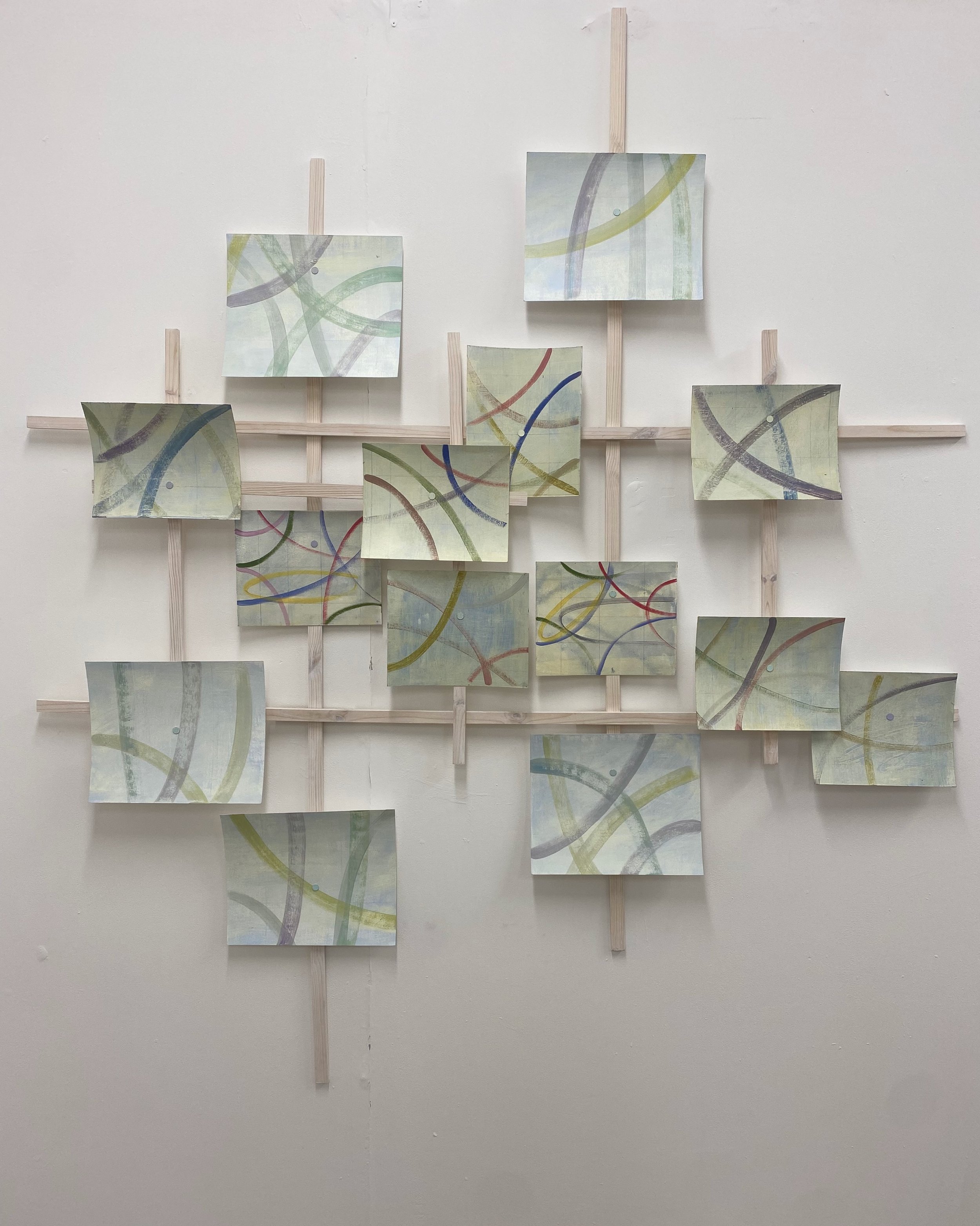 Meander Line, 2026. Acrylic, paper, pine wood, liming wax, magnets, 163 x 160 cm