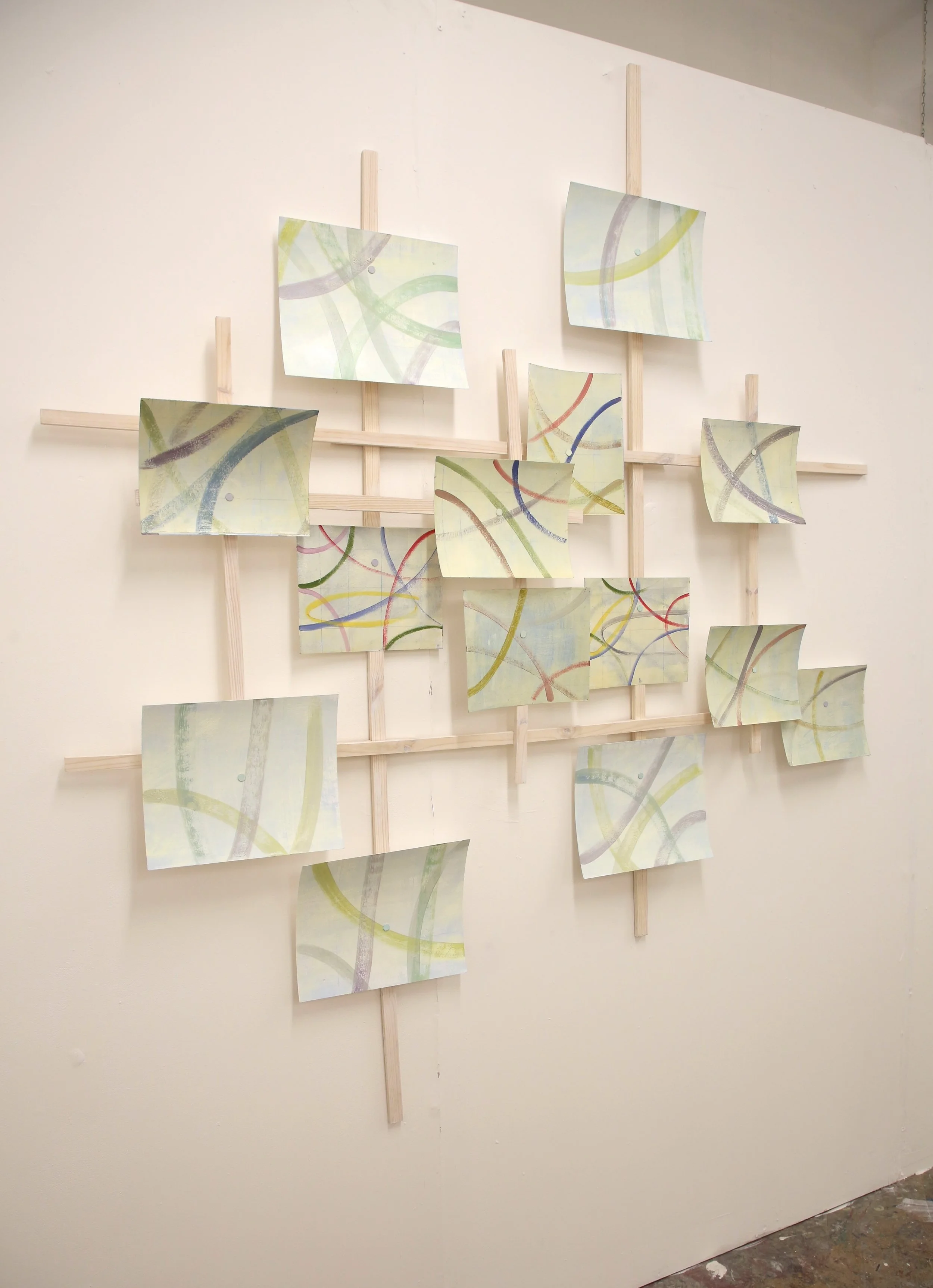 Meander Line, 2026. Acrylic, monoprint, paper, pine wood, liming wax, magnets, 163 x 160 cm
