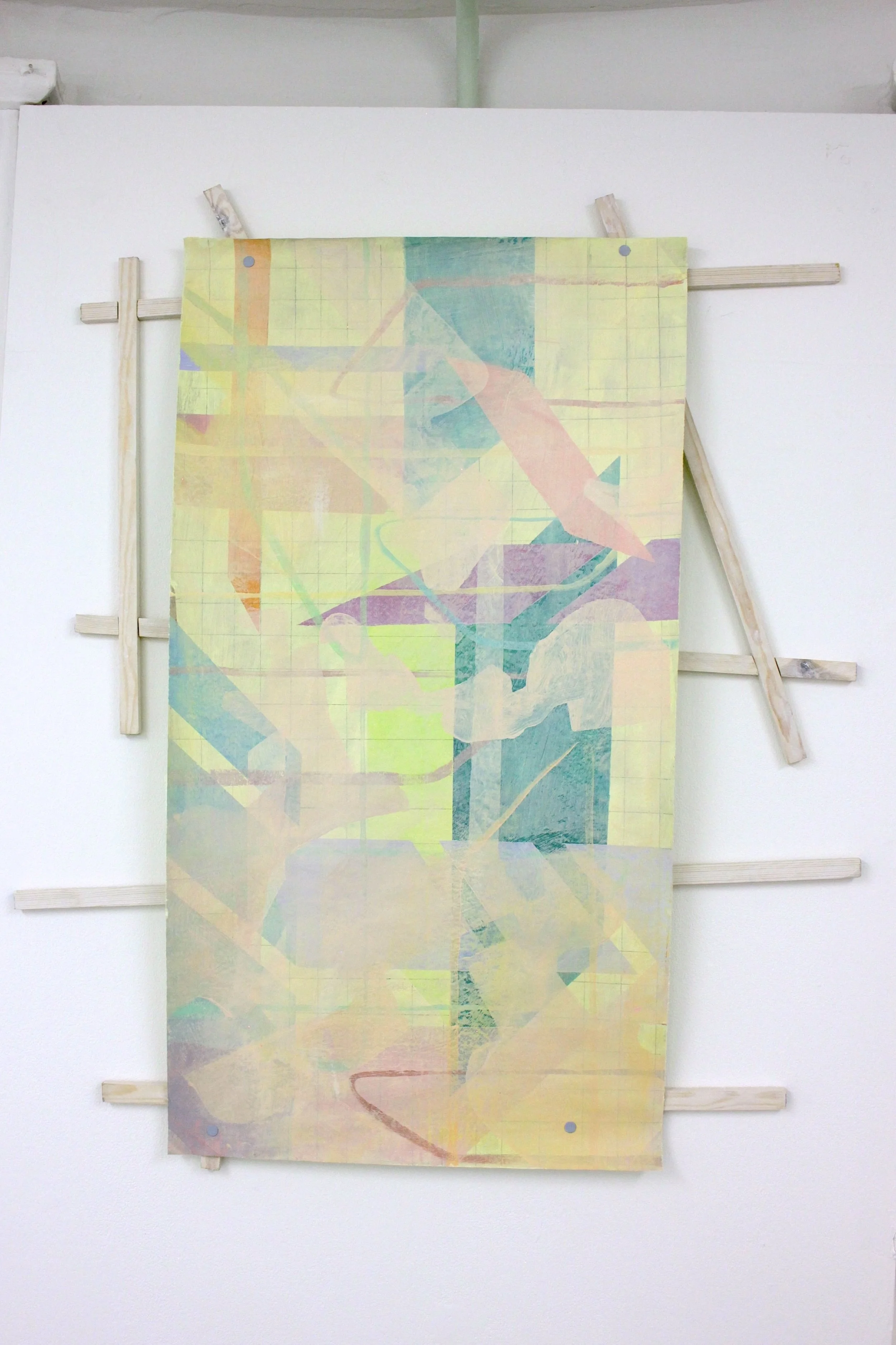 Overlaid grid #2, 2026. Acrylic, graphite, paper, pine wood, liming wax, magnets, paper: 99 x 54 cm, wood: dimensions variable
