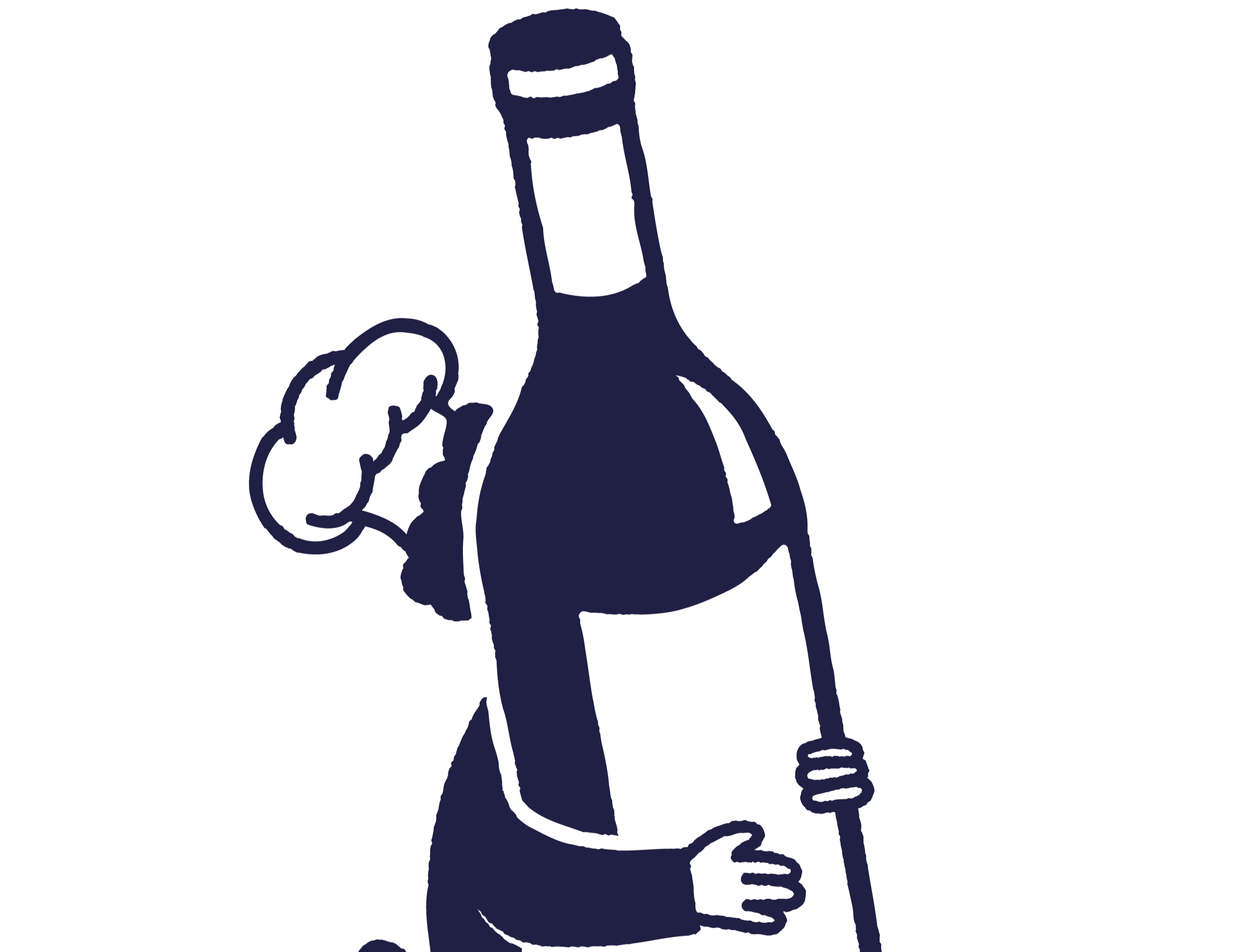 Dessin d'un personnage stylisé tenant une bouteille et un verre, en couleur sombre sur fond noir.