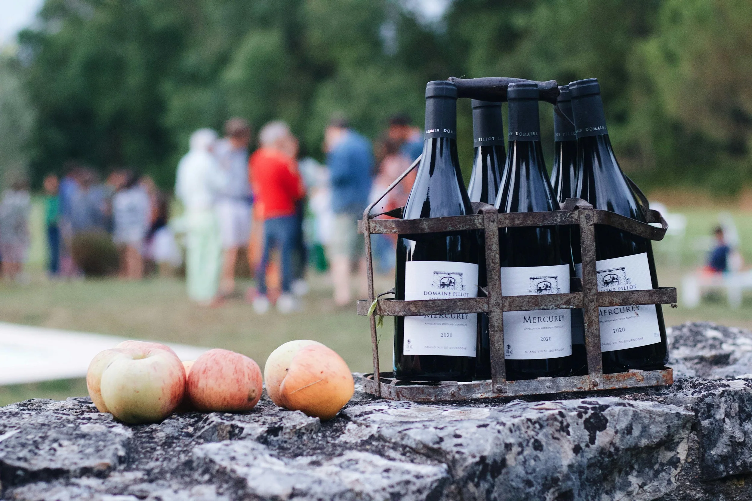 Trois pommes sur une pierre, en arrière-plan un panier avec des bouteilles de vin rouge, groupe de personnes floues en arrière-plan dans un environnement extérieur