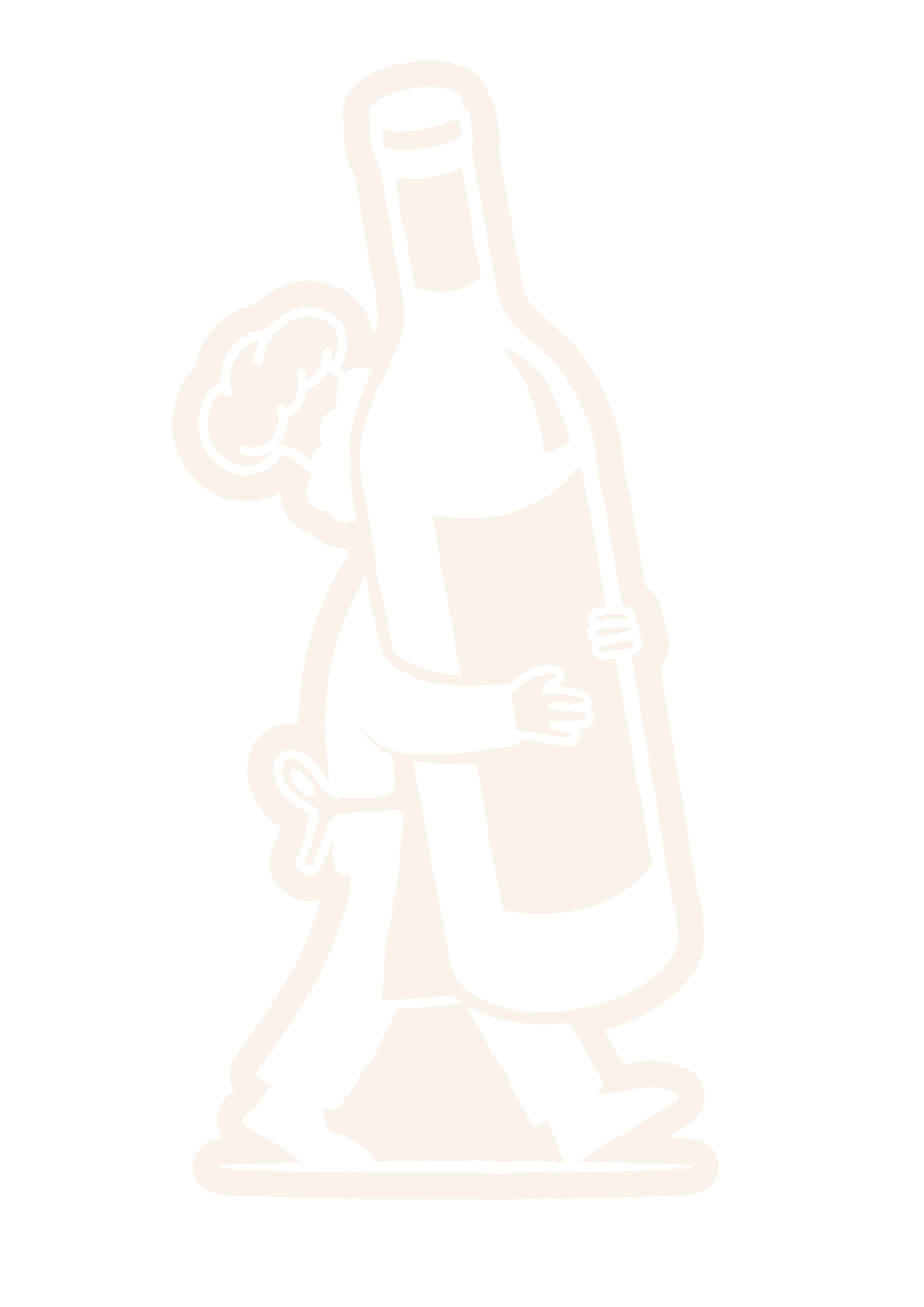Logo de miam thomas .Dessin d'un personnage stylisé tenant une bouteille et un verre, en couleur beige sur fond blanc