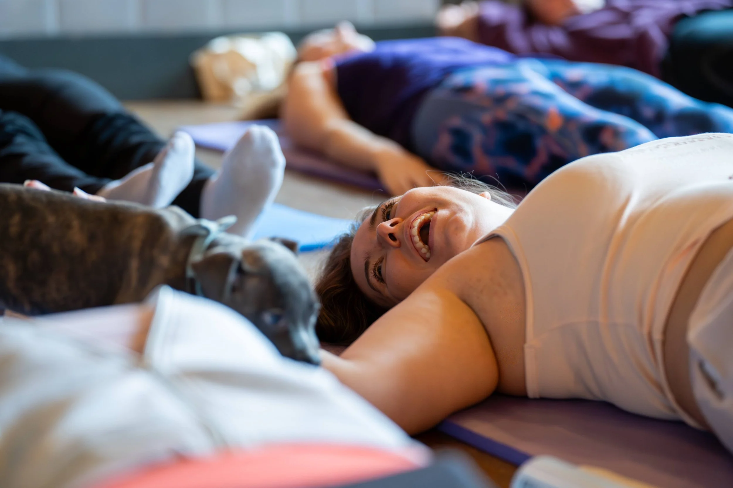 A group of people lying on yoga mats, enjoying a puppy yoga class. One woman in the foreground is smiling and looking up towards a puppy beside her.