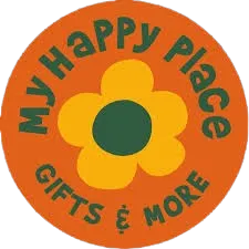 A circular logo with an orange background, featuring a yellow flower in the center, and the text 'My Happy Place' and 'Gifts & More' around the flower.