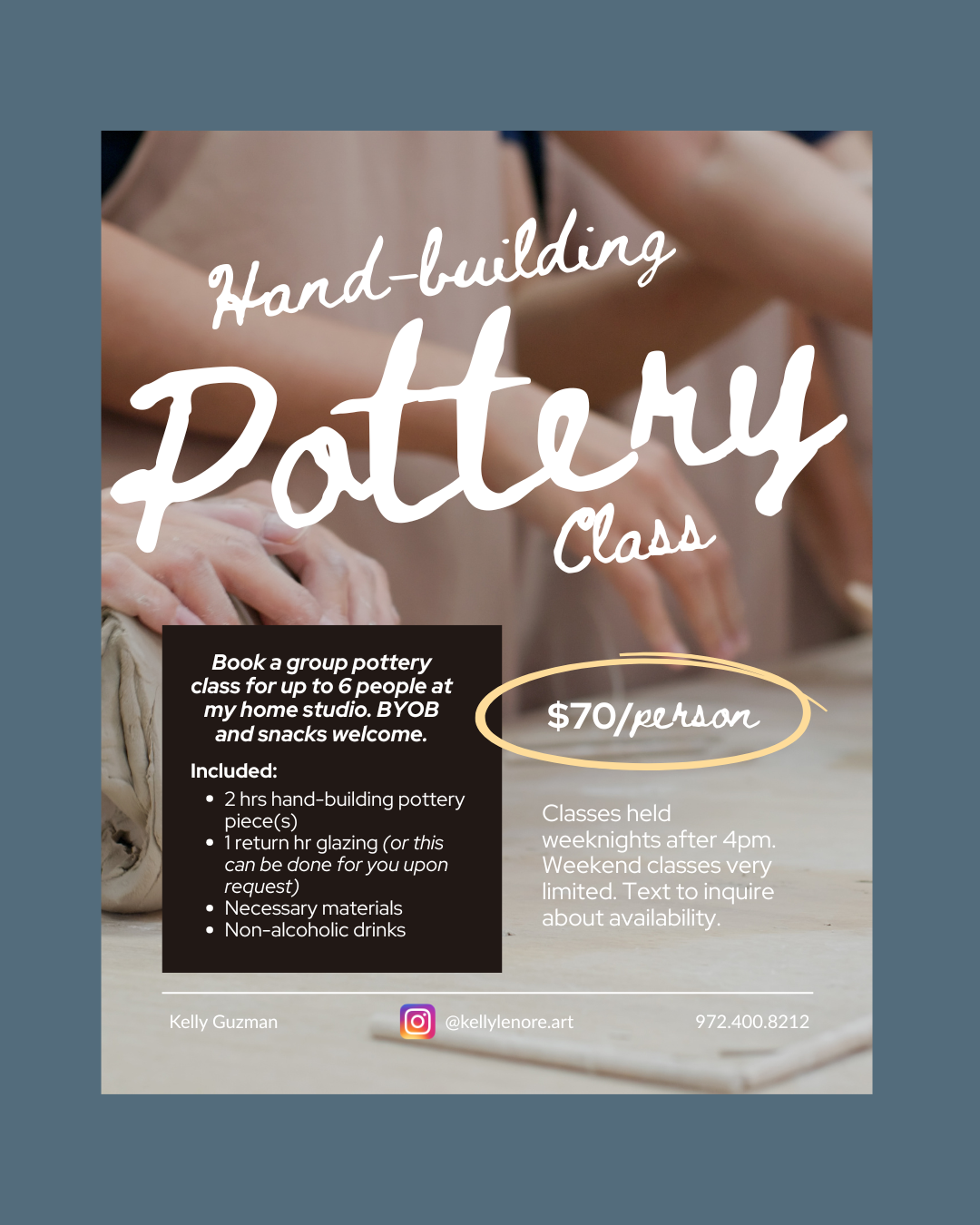 Poster advertising a hand-building pottery class, showing people shaping clay, with details about booking, price, schedule, and contact information.