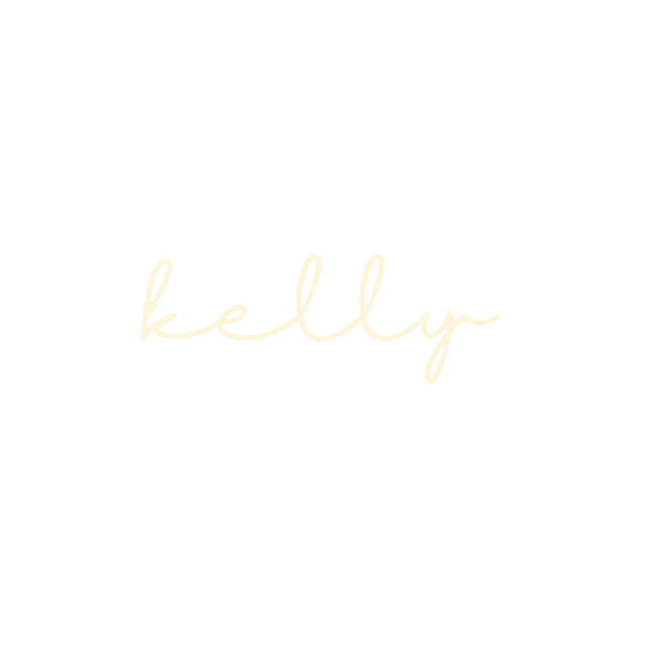 A black and white silhouette of a woman with long hair, with the name 'Kelly' written in cursive over her.