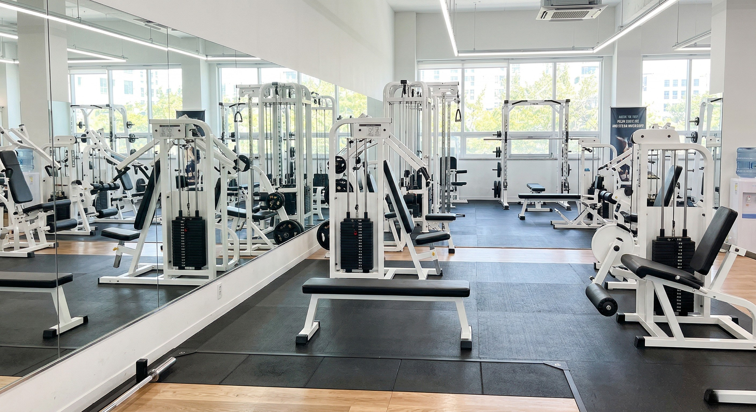 Empty modern gym with various exercise machines, large windows, and reflective mirrors.