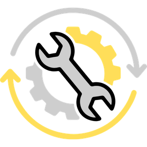 A logo featuring a wrench inside a gear with circular arrows around it, symbolizing maintenance or repair.
