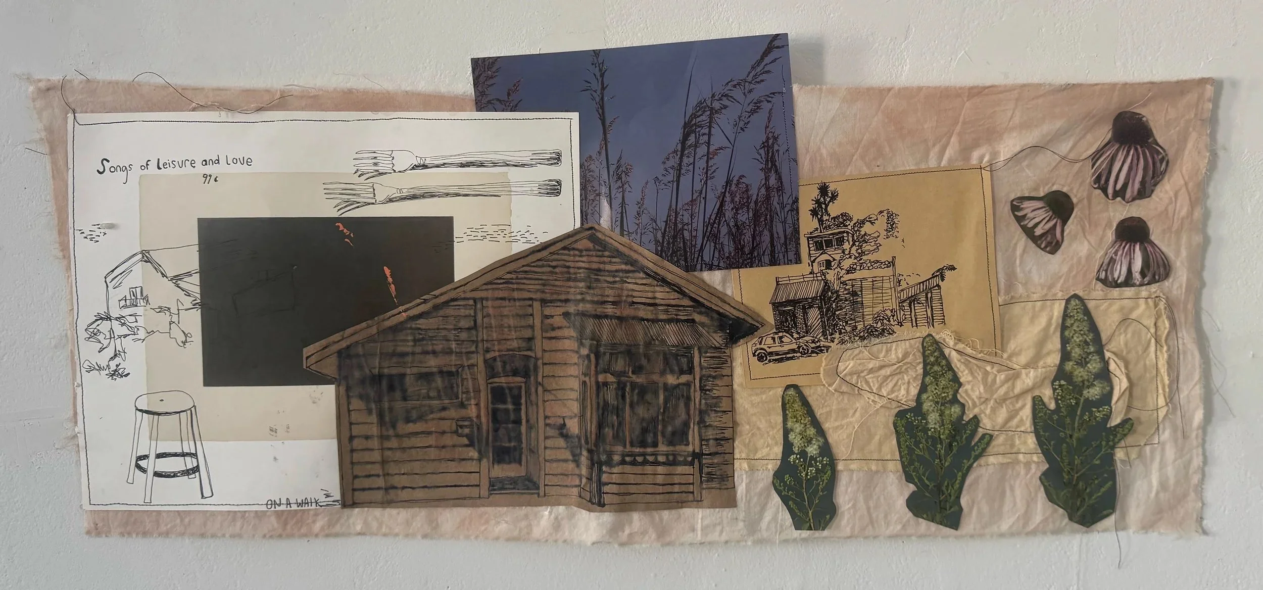“LANDCROSS”; Mixed Media Collage, Pen, Hand dye fabric, Found objects, Sewing, 29in 
x13in, 2025