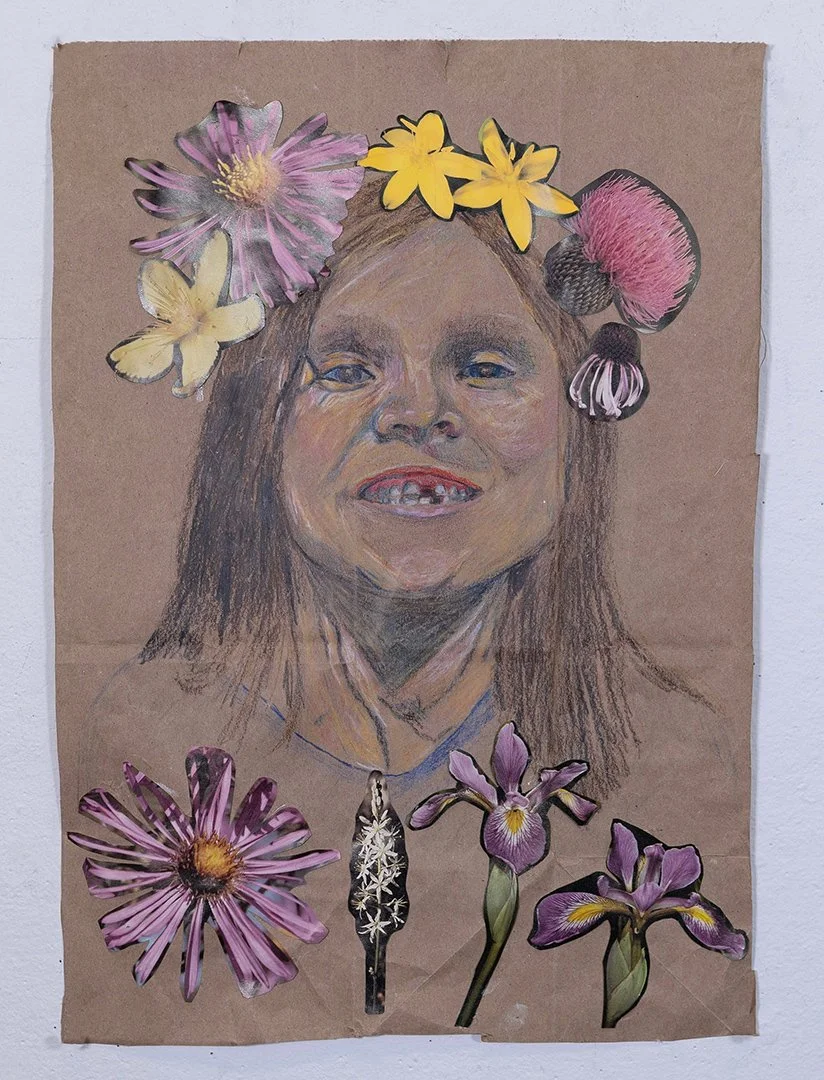 “Two Teeth Down”; Mixed Media Collage, Color Pencil, Magazine, 12in x16in, 2025
