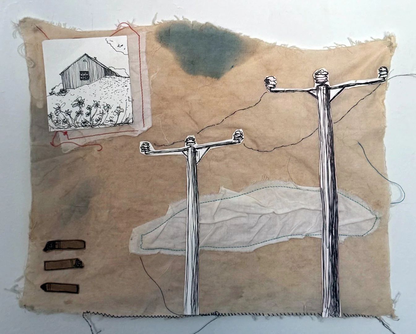  “Grown”; Mixed Media Collage, Pen, Hand Dyed Fabric, Sewing, 12in x 10in, 2023