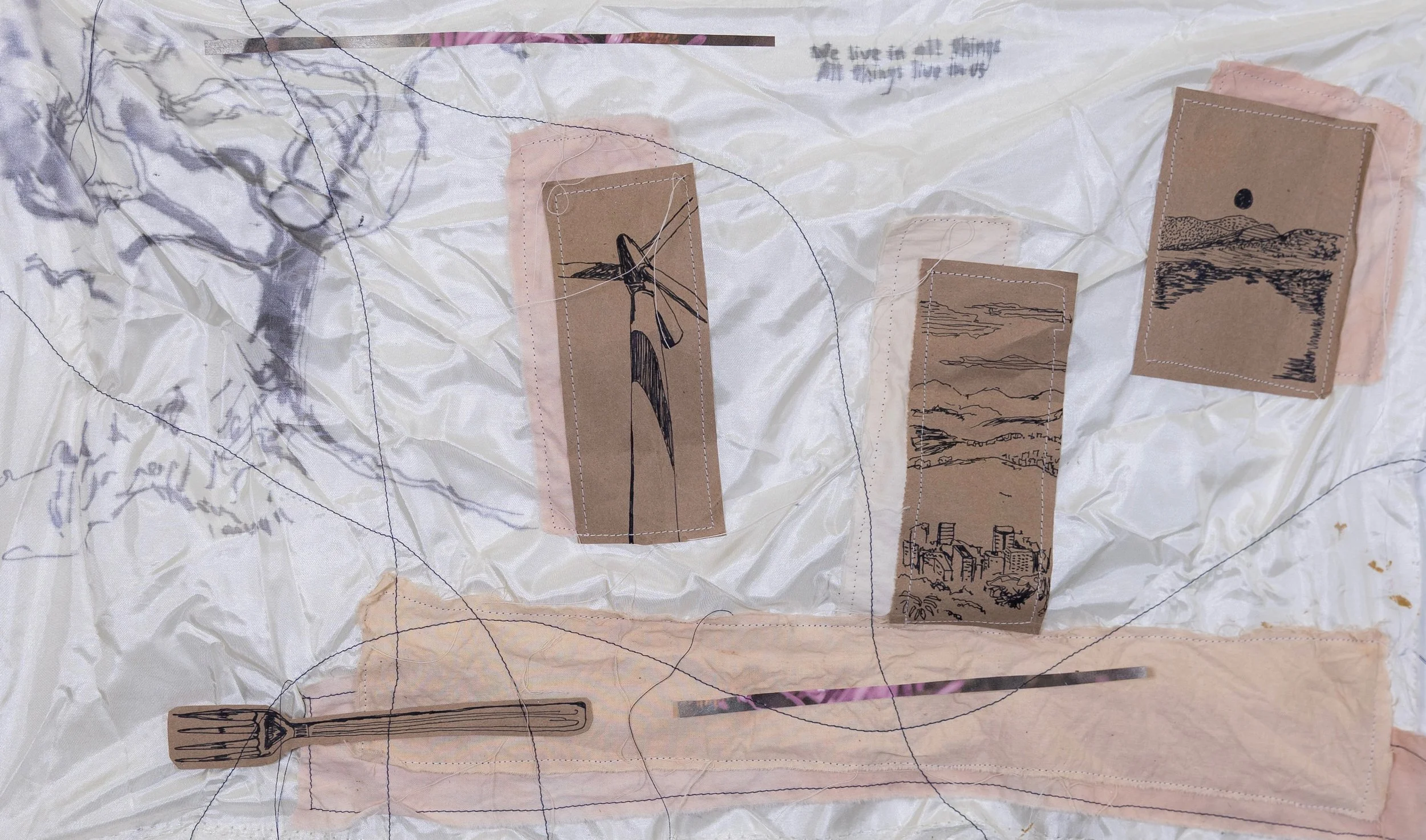 “I Talk to the Wind”; Mixed Media Collage, Pen, Found Objects, Sewing, 22in x14in, 2025