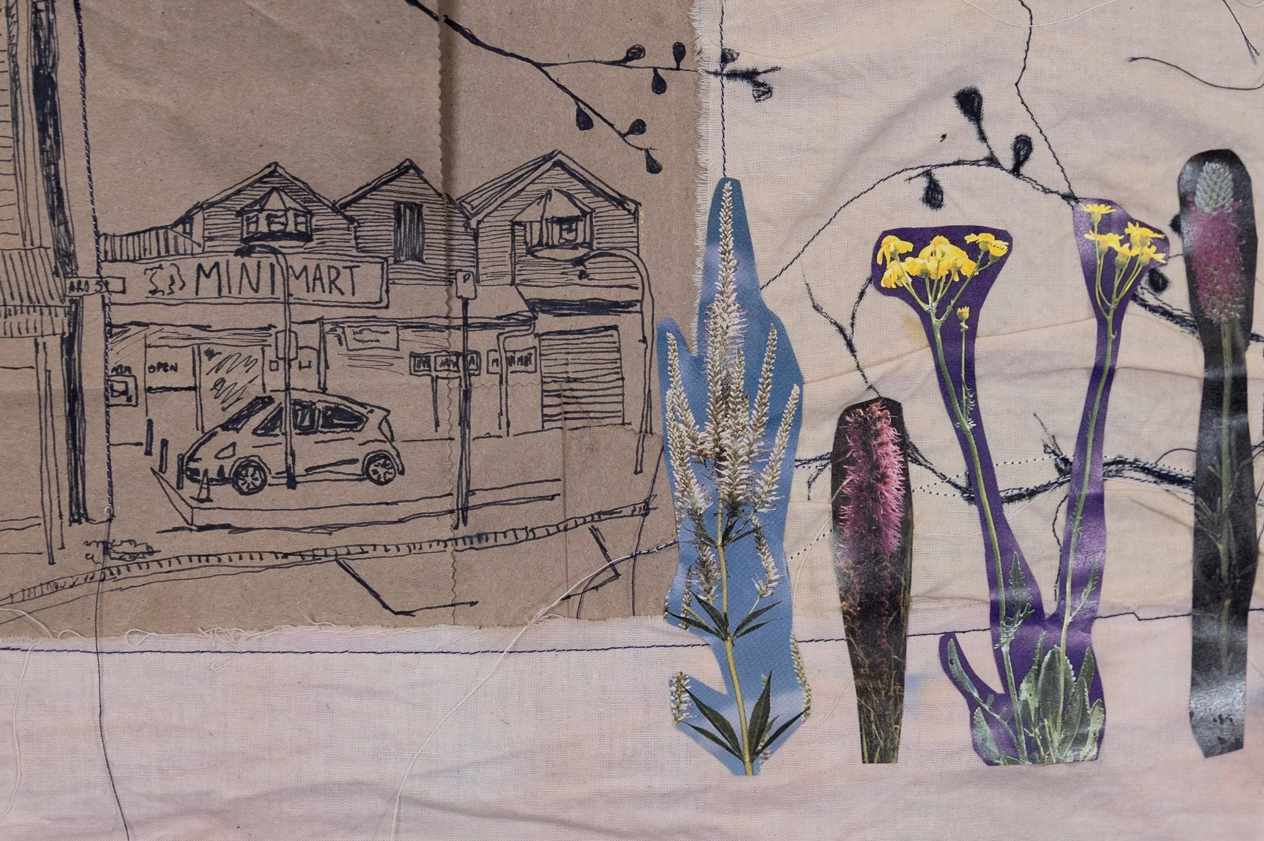 “Dr.Pepper”; Mixed Media Collage, Pen, Found Paper, Fabric dyed from onion skin, Sewing 
Magazine, 12in x 9in, 2025