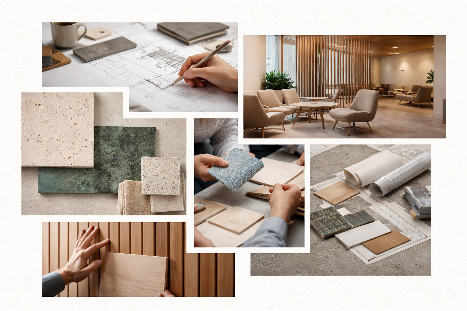 Échantillons de matériaux et photos d'un intérieur de salon accueillant, avec des plans architecturaux, des couleurs de peinture, des textures de surfaces, et le processus de sélection de finitions pour la décoration.
