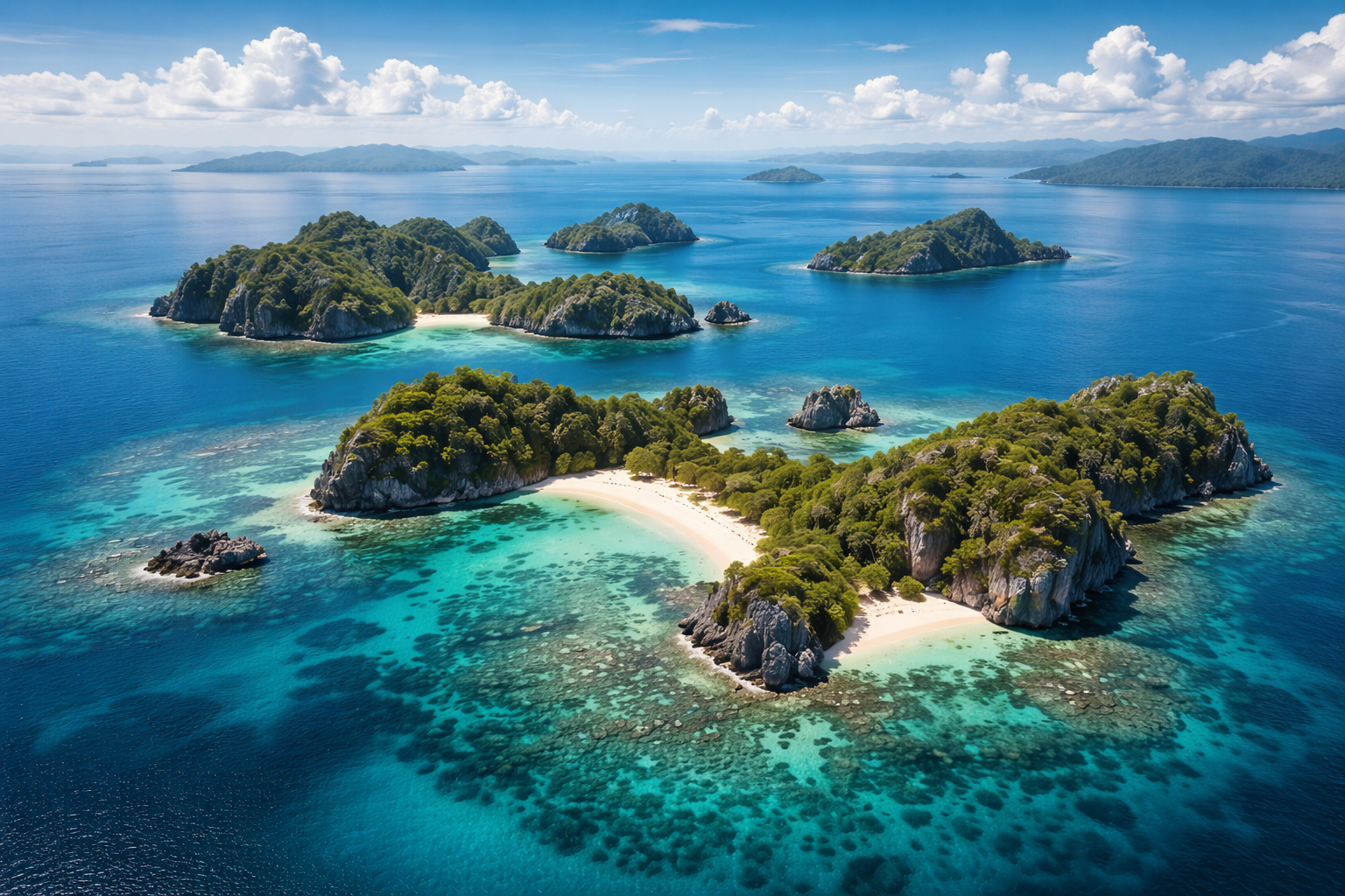 Vue aérienne d'îles tropicales avec plages de sable blanc, eaux turquoise et végétation luxuriante, au large d'une mer calme.
