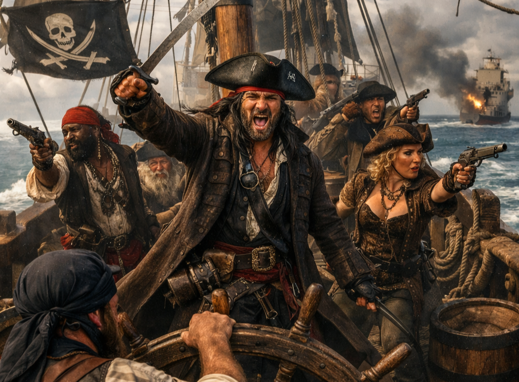Pirates fighting on a ship with weapons, pirates dressed in period costumes, a pirate flag with a skull and crossbones, and ships in the background with smoke and fire, suggesting a battle scene at sea.