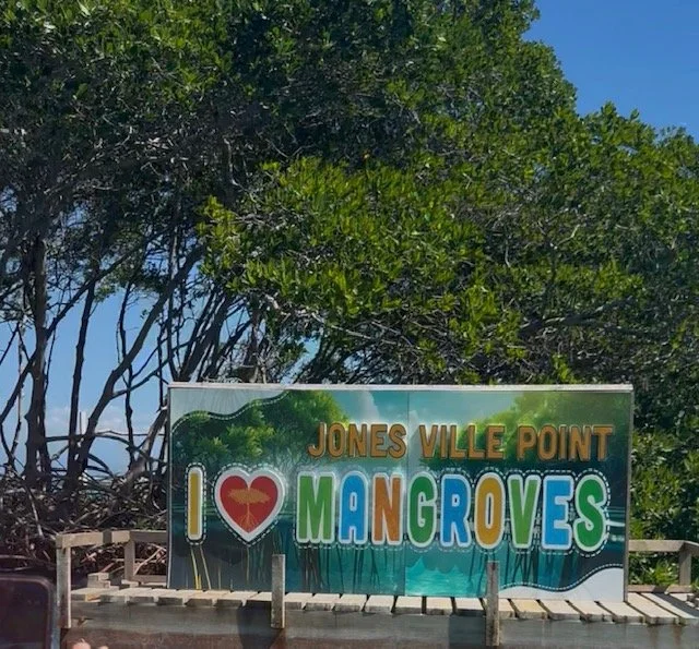 A sign for Jones Ville Point stating "I love Mangroves" with a heart symbol, set against a backdrop of lush greenery and blue sky.