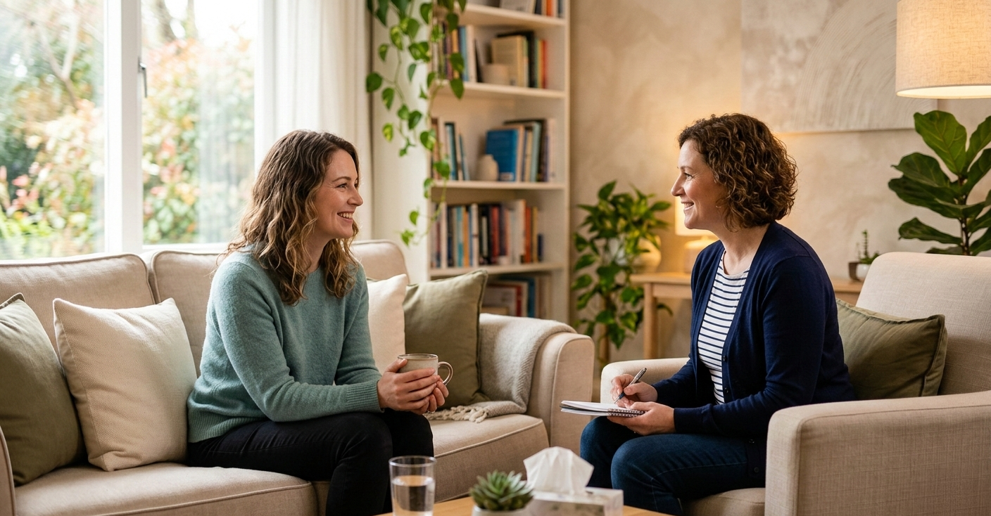 A woman with wavy light brown hair wearing a teal sweater sits on a beige couch smiling and talking with a therapist. The therapist, with curly brown hair, wearing a navy cardigan and striped shirt, takes notes in a notepad. The room has large windows, green plants, a bookshelf, and warm lighting.