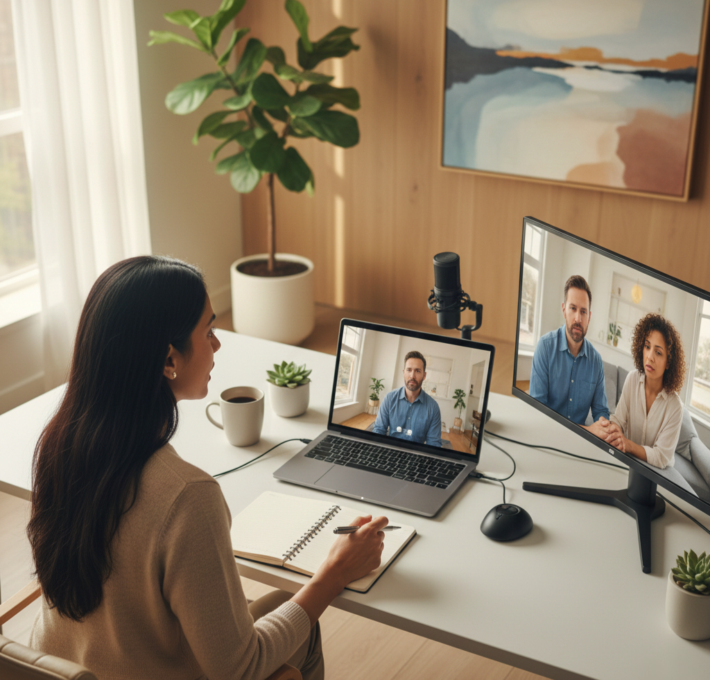 A woman participating in a virtual meeting with two men, one on a laptop and the other on a larger monitor, in a well-lit home office with a large potted plant, a coffee mug, and a small succulent.