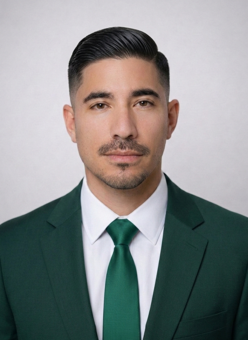 A man in a green suit, white shirt, and green tie posing against a plain gray background.