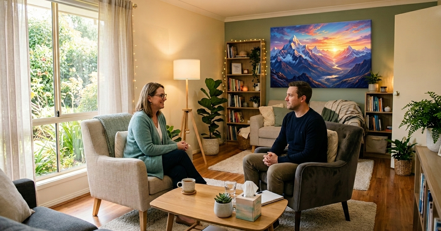 A woman and a man sitting and talking in a living room with large window, plants, bookshelf, and a large mountain landscape painting on the wall.