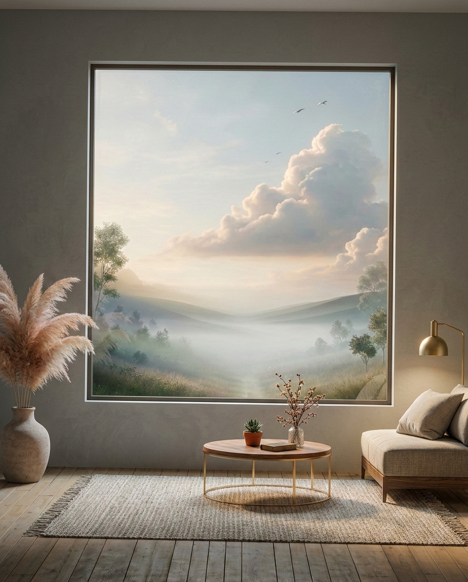 Living room with a large window showing a landscape of mountains, trees, clouds, and birds, decorated with a vase of pampas grass, a small potted plant, a book, a modern floor lamp, a beige couch, and a round wooden coffee table on a woven rug.