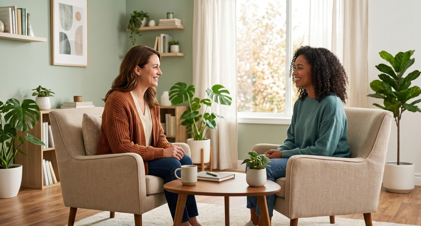 Two women sitting in armchairs facing each other, smiling, in a cozy living room with green walls, surrounded by plants and decorated with shelves, artwork, and sunlight coming through a window.