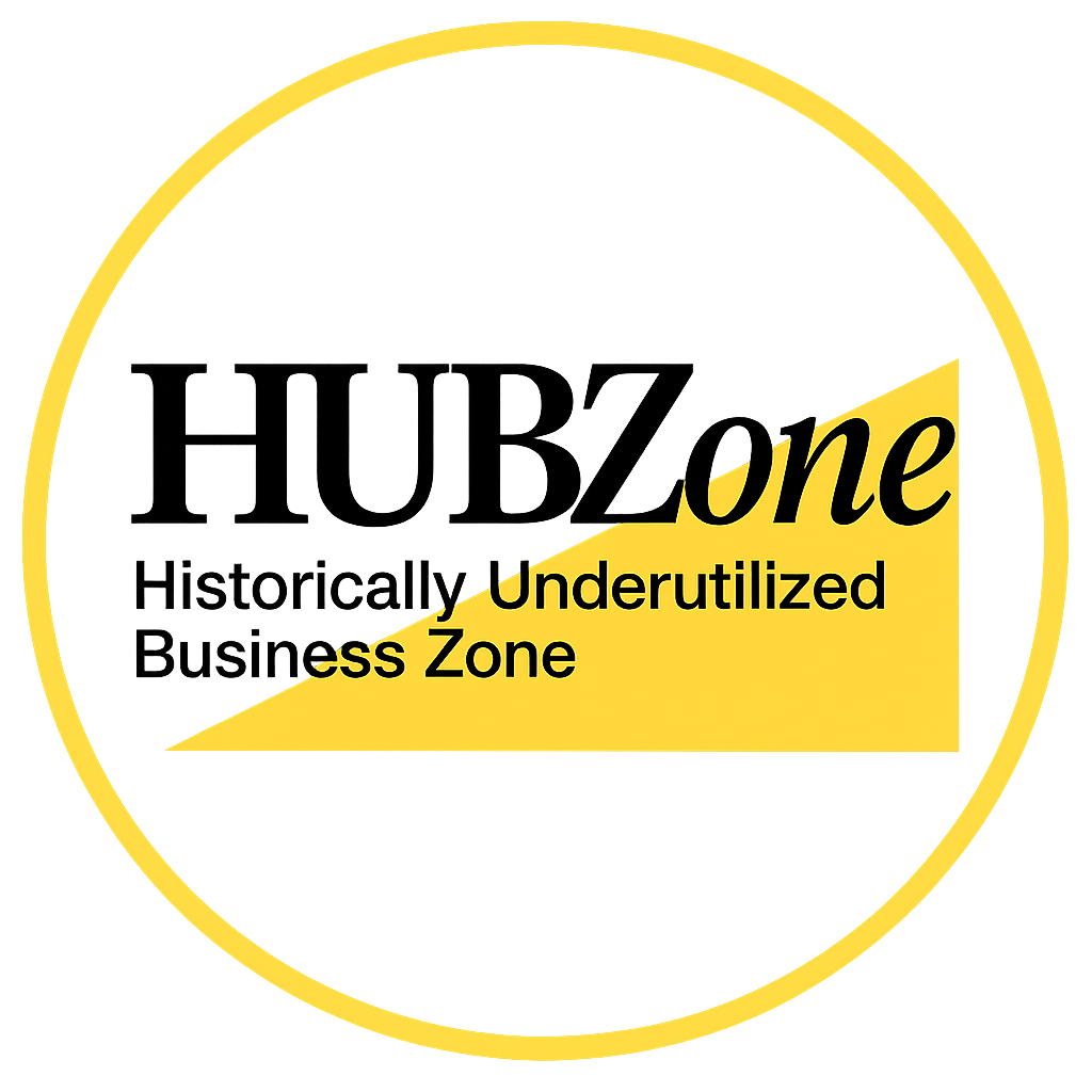 Sign with black text on a yellow background reading "HUBZone Historically Underutilized Business Zone".