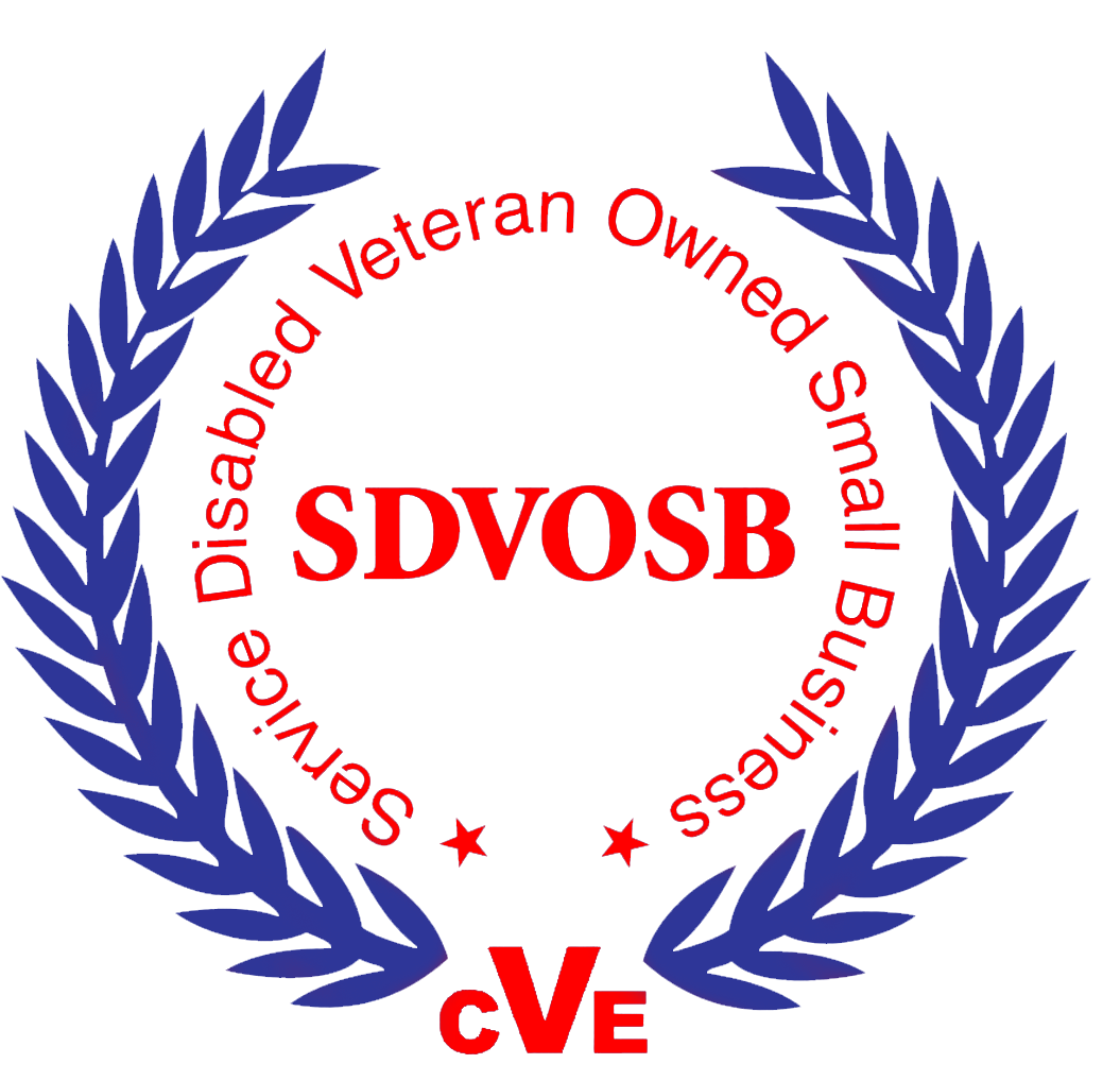 Seal with blue laurel wreath surrounding red text that reads 'Sevice Disabeld Veteran Owned Small Business' and 'cVE' at the bottom. The red text 'SDVOSB' is in the center.