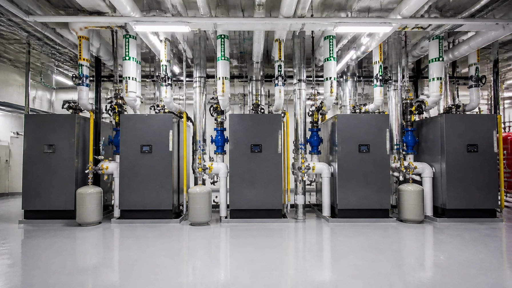 Industrial mechanical room with five large gray units, HVAC or refrigeration equipment, connected to a network of white and metallic pipes, valves, and gauges. The room has a polished concrete floor and overhead fluorescent lighting.