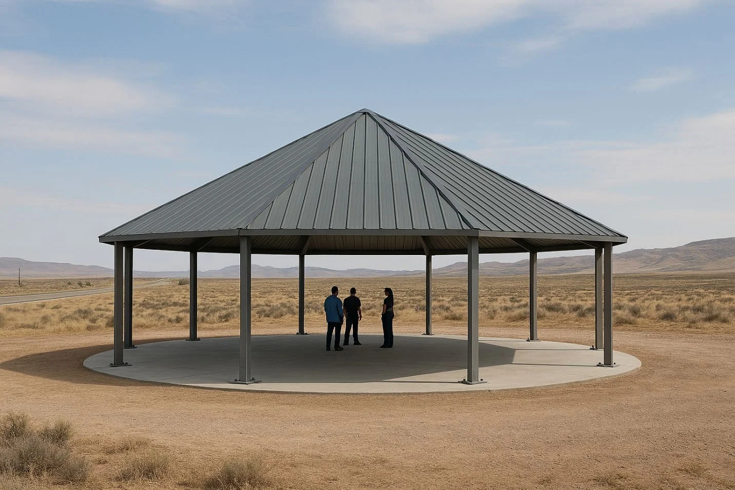 Three people standing under a small metal pavilion in a vast desert landscape with distant mountains.