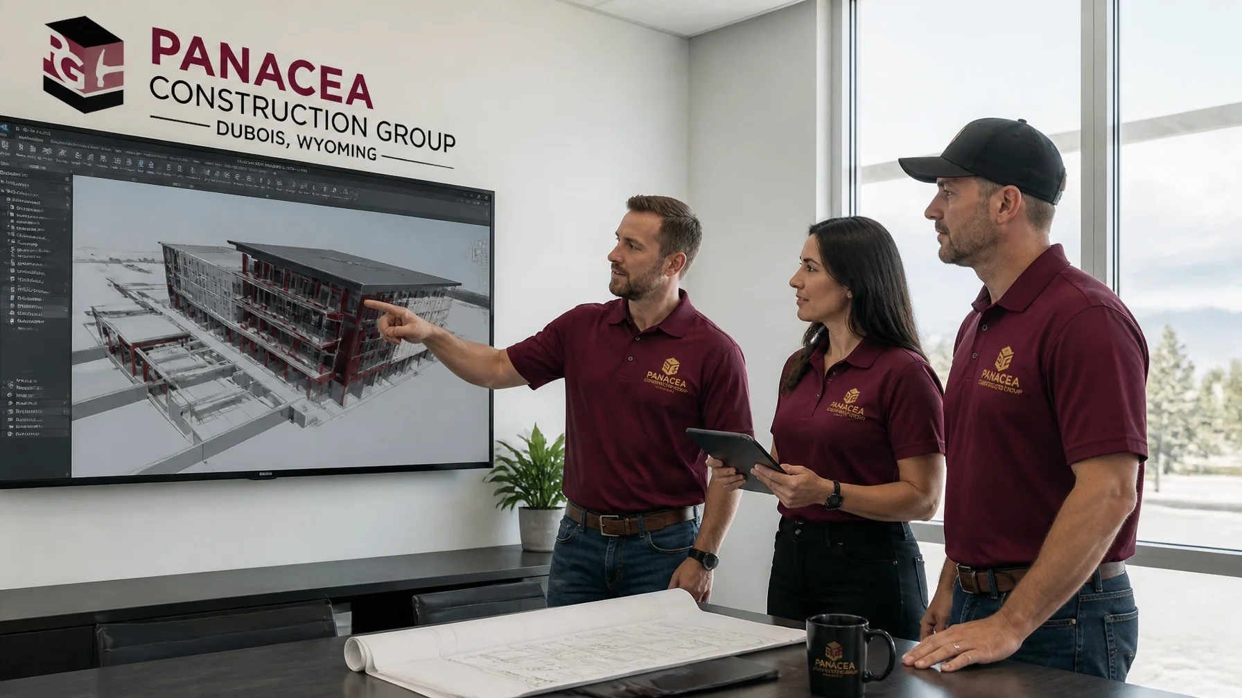 Three individuals in matching maroon shirts with the Panacea Construction Group logo discuss architectural plans and a 3D building model on a large screen in a modern conference room with large windows.