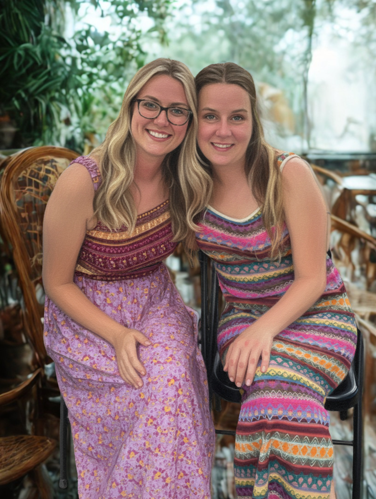 Two women sitting together, smiling, in a lush indoor setting with greenery and wicker furniture, wearing colorful, patterned dresses.