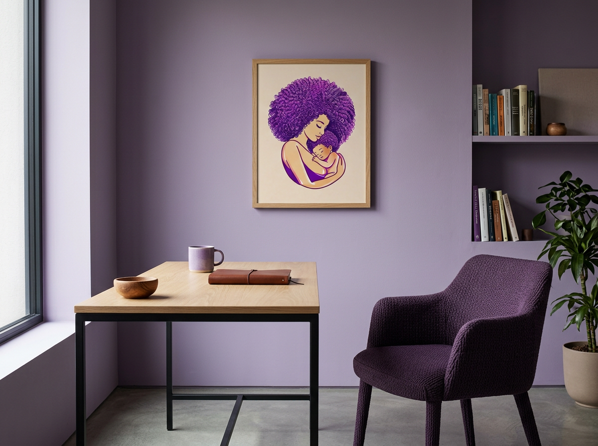 purple office space with velvet hands doula co logo