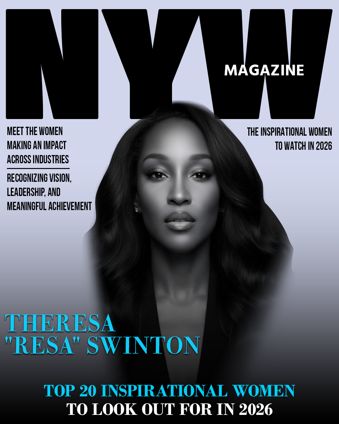 NYW Magazine cover featuring a black-and-white portrait of Theresa "Resa" Swinton with bold text highlighting her as one of the top 20 inspirational women to watch in 2026. Lancaster Pennsylvania Doula
