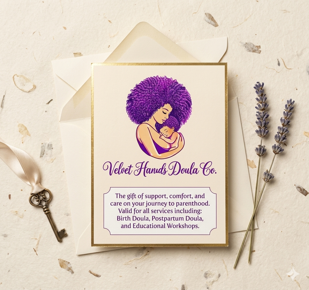 A card from Velvet Hands Doula Co. featuring an illustration of a woman with large, curly purple hair holding a baby with from above perspective. The card contains text about services for support, comfort, and care during childbirth, postpartum, and educational workshops. The card is on a cream-colored surface with a small bunch of lavender, dried leaves, a key-shaped charm, and an envelope.