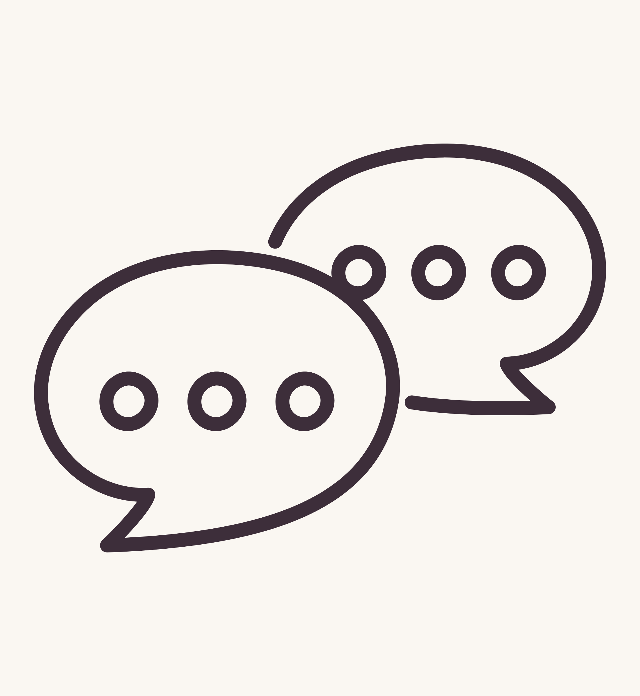 Line art illustration of two overlapping speech bubbles representing conversation and discovery. Service icon for Amatista Toro Solutions initial consultation session.